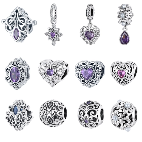 925 Sterling Silver Charms Beads Vintage Court Style Hollow Floral Heart With Purple Zircon Artificial Pearl For DIY Bracelet Necklace