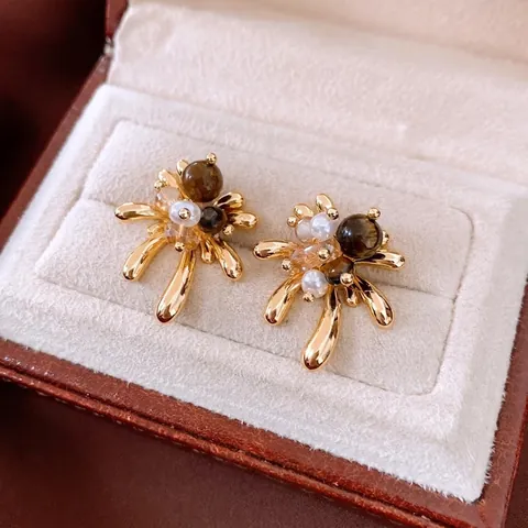 Pendientes De Botón Florales Con Ojo De Tigre Perla Artificial Cristal Y Poste De Plata De Ley 925 Joyería De Lujo Baño De Oro