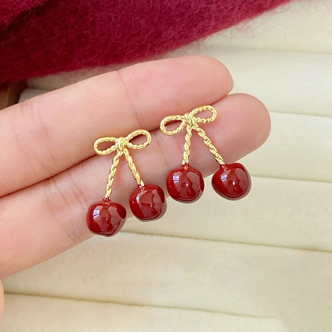 Kirsch Schleife Hängeohrringe Mit Silber Ohrstecker Süßer Harz Frucht Schmuck Für Frauen Mädchen Retro Stil