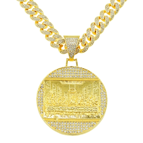 Alloy Rhinestone The Last Supper Round Plate Relief Pendant Necklace Iced Out Hip Hop Punk Bold Cuban Chain For Men
