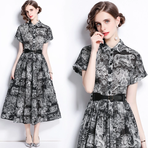 Abito Camicia Midi Con Stampa Animale Toile De Jouy Maniche Corte Colletto Revers Bottoni Con Cintura Donna Elegante