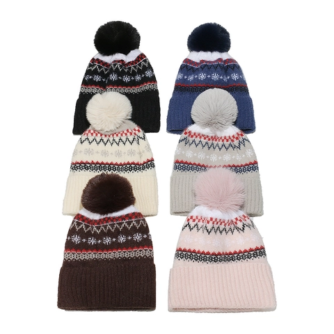 Cappello In Maglia Da Donna Foderato In Pile Caldo Inverno Con Pompon In Pelliccia Sintetica Motivo Geometrico Bohemien