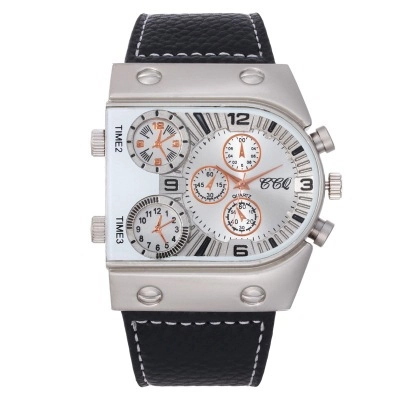 Men Quartz Watch Multi-Time Zone Large Dial Alloy Case Faux Leather Strap Outdoor Sports Casual Business Wristwatch