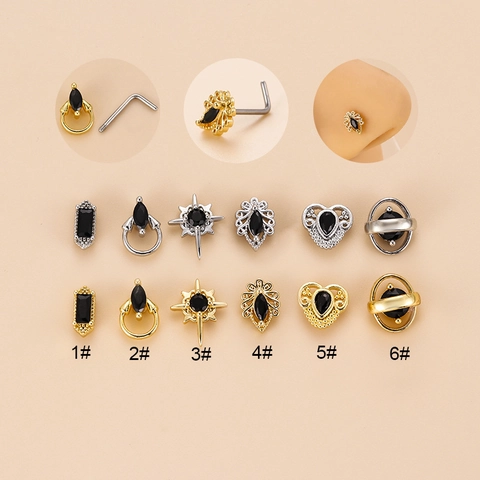 Piercings De Nariz En Forma De L Acero Inoxidable Cobre Con Circonita Negra Joyería Punk Vintage Para Mujeres Hombres