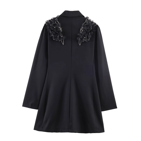 Zwarte Blazerjurk Double Breasted Met Veren Strass Kettingen Bloem Applique Lange Mouwen Elegante Party Mini Jurk