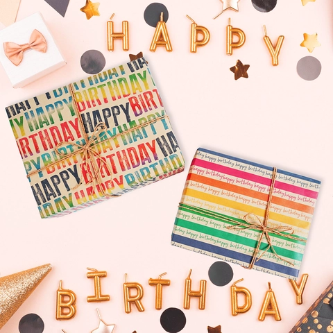 Birthday Gift Wrapping Paper Kraft Paper Vintage Colorful Rainbow Lettering Artistic Splatter For Party Celebration