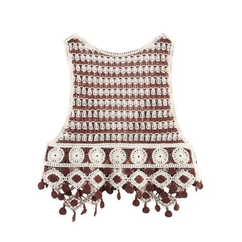 Women Vintage Crochet Knit Vest Top Bohemian V Neck Hollow Out Button Down Tassel Hem Geometric Pattern Retro