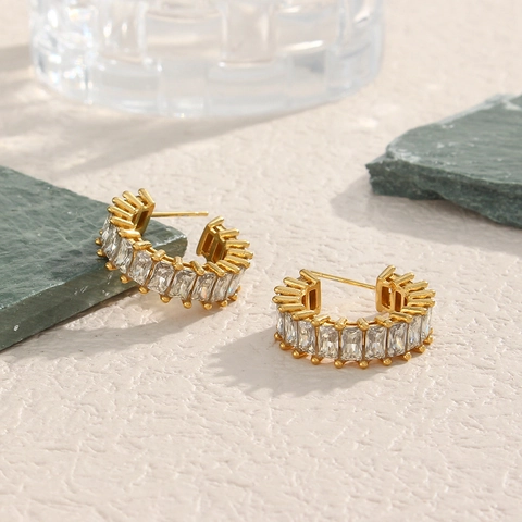 Elegant 316L Stainless Steel C-Shaped Hoop Earrings For Women 18K Gold Plated Inlaid Rectangular Rhinestones Fashion Jewelry