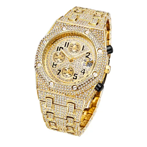 Men Chronograph Quartz Watch Full Rhinestone Iced Out Hip Hop Fashion Sporty Waterproof Wristwatch With Date Display