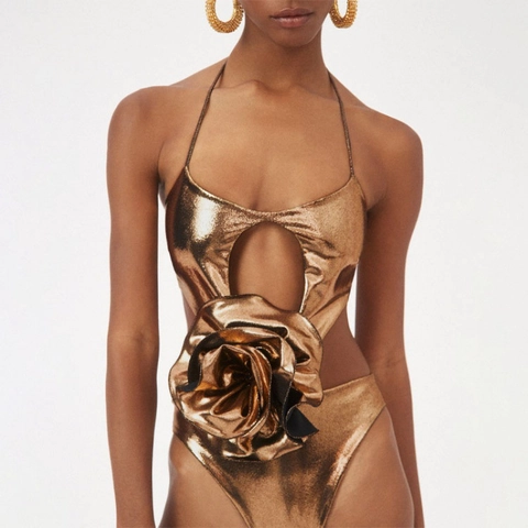 One Piece Swimsuit Women Polyester Metallic Bronze 3D Flower Decoration Halter Cutout Sexy Beachwear Vacation Monokini