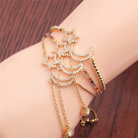 Bracciale Regolabile Stella E Luna In Rame Placcato Oro Con Zirconia Micro Pavé Per Donne Gioielli Eleganti