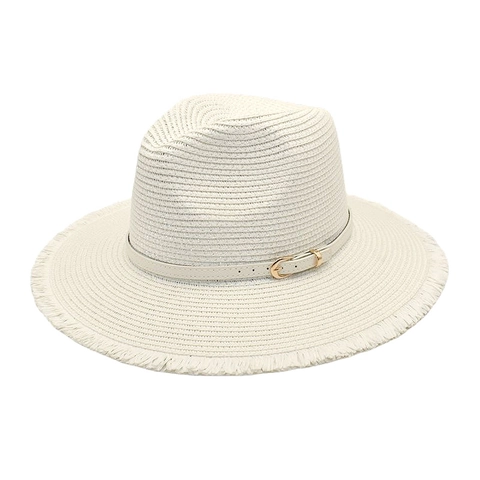 Women Straw Fedora Hat Woven Sun Protection Beach Vacation Vintage Jazz Style With Fringed Brim And Belt Decoration