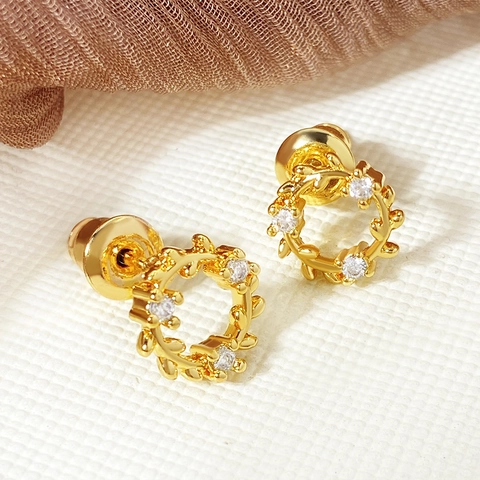 Wreath Stud Earrings Copper Gold Plated Zircon Leaf Circular Branch Dainty Floral Minimalist Elegant Accessory For Women