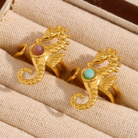 Anello Aperto Regolabile Cavalluccio Marino Acciaio Inossidabile Placcato Oro 18K Gioielli Di Moda Con Pietre Preziose