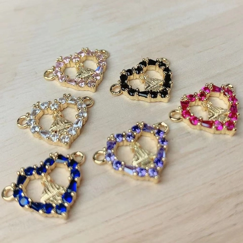Ciondolo Cuore Vergine Maria Religioso Rame Placcato Oro 18K Zircone Charm Connettore Per Creazione Di Gioielli Fai Da Te
