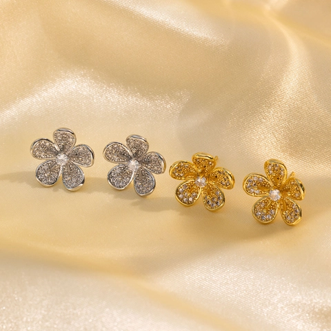 Pendientes De Botón Con Flor De Cinco Pétalos Cobre Con Circón Forma De Flor De Durazno Joyas Minimalistas Para Mujer