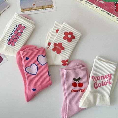 Women Crew Socks Cotton Blend Breathable Cute Floral Heart Cherry Embroidery Trendy Fashion Sweet Girls Soft