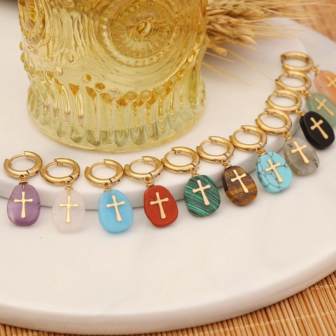 Orecchini A Croce Pietra Naturale Acciaio Inossidabile Placcato Oro Gioielli Religiosi Per Donne