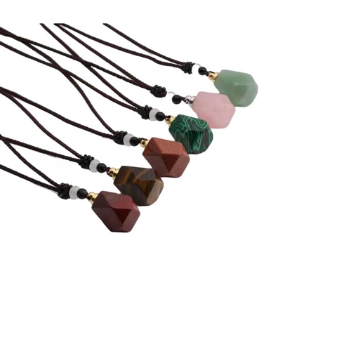 Perfume Bottle Pendant Necklace Natural Gemstone Essential Oil Diffuser Aromatherapy Refillable Geometric With Braided Rope