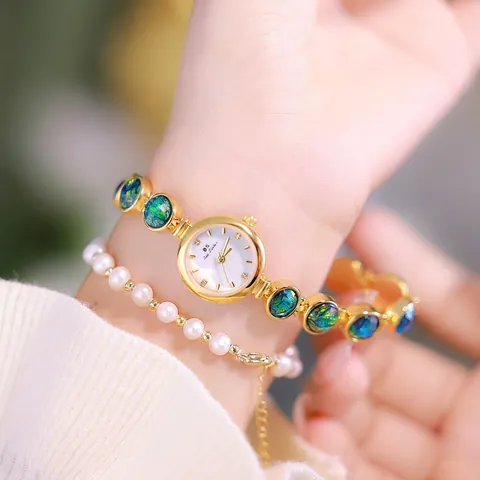 Orologio Al Quarzo Da Donna Di Lusso Elegante Cinturino Stile Gioiello Accenti In Strass Intarsio In Madreperla