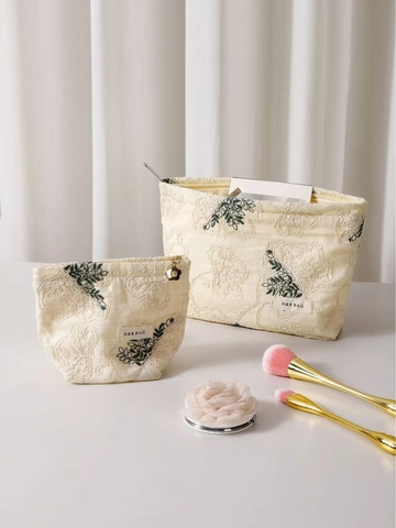 Trousse De Maquillage Broderie Florale Coton Lin Organisateur De Maquillage Pochette De Rangement Voyage Portable Crème Rétro