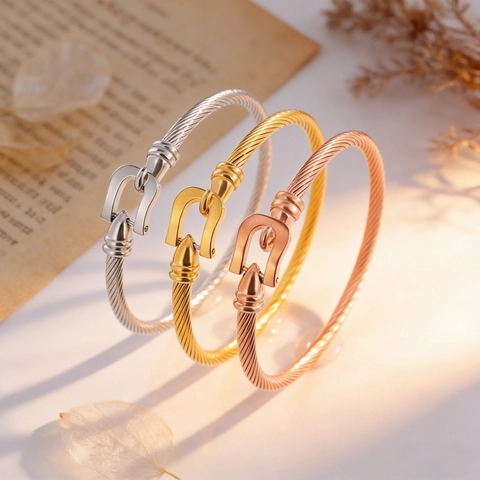 Pulsera De Cable Con Hebilla De Herradura De Acero Inoxidable Brazalete Trenzado Joyería Estilo Náutico Mujer