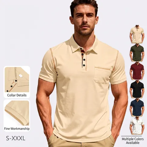 Polo Homme Manches Courtes Respirant Polyester Élasthanne Coutures Contrastées Col Revers Haut Décontracté Business Avec Poche