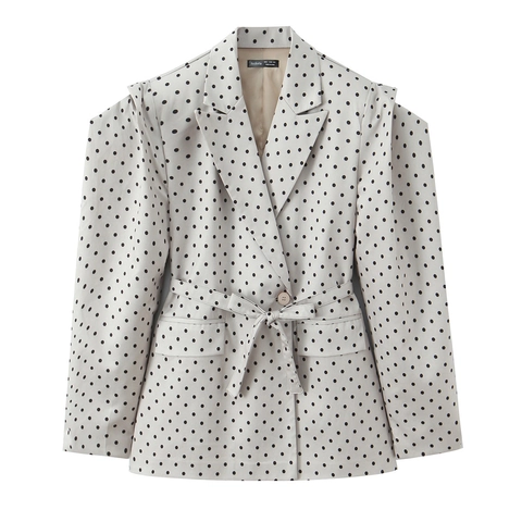 Dames Polka Dot Blazer Jas Lange Mouwen Pofmouwen Geknoopt Met Riem Elegant Revers Kantoor Bovenkleding