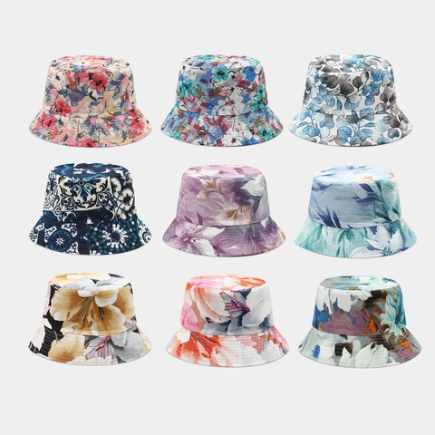Floral Print Bucket Hat Reversible Polyester Canvas Wide Brim Sun Protection Outdoor Summer Beach Sun Hat For Women Men
