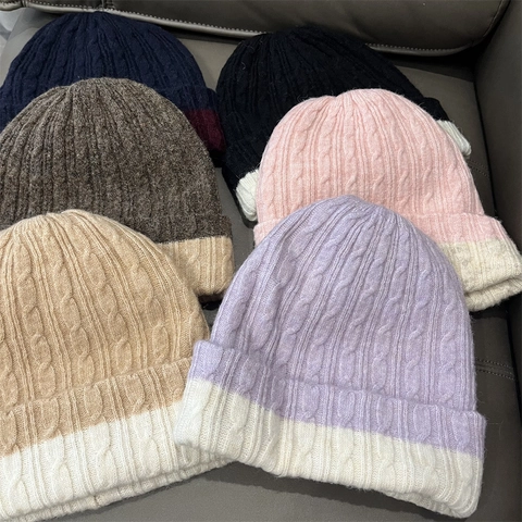 Cable Knit Beanie Hat Polyester Contrast Color Warm Winter Cuffed Sweet College Style Women