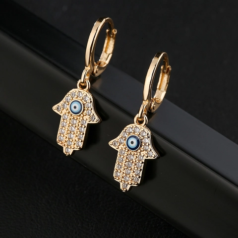 Hamsa Hand Hängeohrringe Böser Blick 18K Vergoldetes Messing Zirkon Emaille Modeschmuck Für Damen