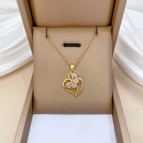 Herz Schmetterling Anhänger Halskette Gold Edelstahl Kette Kupfer Zirkonia Elegant Süß Schlüsselbein Schmuck Für Frauen