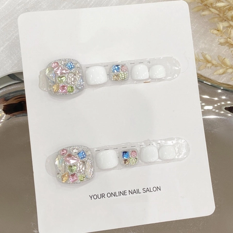Unghie Finte Per Piedi Bianco Lucido Glitter Strass Copertura Totale Fatto A Mano Elegante Per Donna