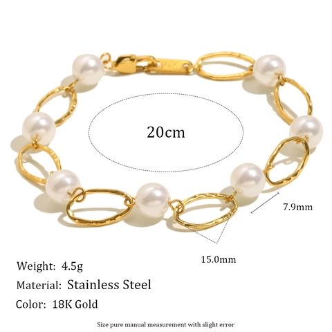 Artificial Pearl Stainless Steel Bracelet Hammered Geometric Link 18K Gold Plated Elegant Minimalist Vintage Jewelry For Women