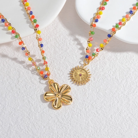 Stainless Steel Double Layer Beaded Necklace For Women Gold Plated Flower Sun Pendant Multicolor Beads Fashion Jewelry Necklace