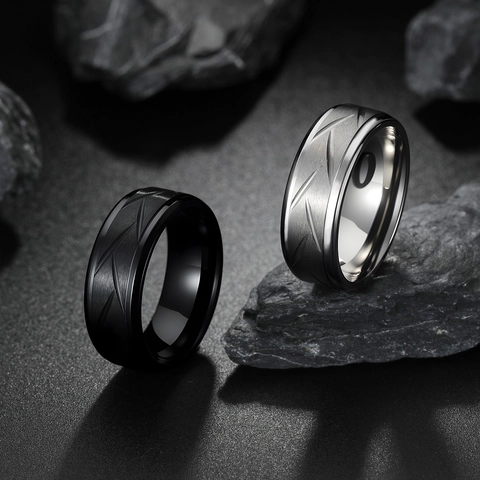 Vintage Stainless Steel Men Ring Brushed Geometric Textured Band Ring Electroplated Fashion Accessory For Men Women Jewelry