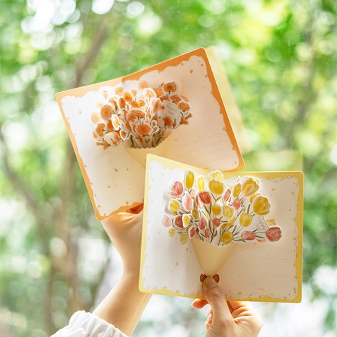 3D Pop Up Greeting Cards Flower Bouquet Paper Hot Stamping Handmade Blessing Gift For Birthday Teacher Day Valentine