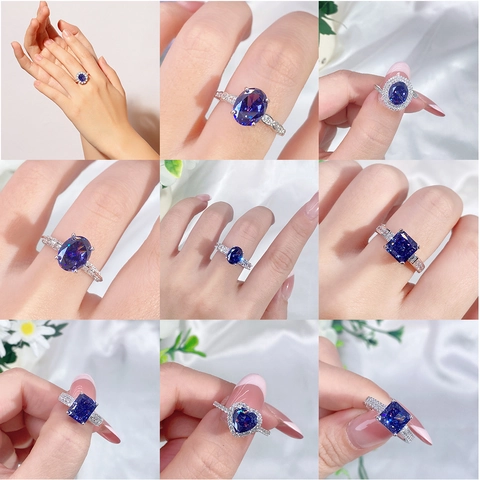 Luxury 925 Sterling Silver Ring For Women Tanzanite Blue Zirconia Oval Heart Square Inlaid Ice Flower Cut Finger Ring Jewelry