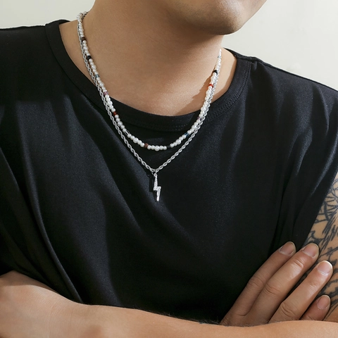 Collar Doble Capa Hombre Hip Hop Perla Artificial Imitación Cuentas Coloridas Cadena Torsión Aleación Colgante Rayo Diamante
