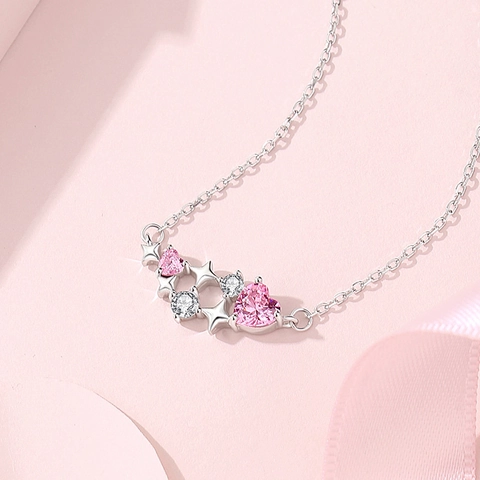 Pink Heart Cubic Zirconia Star Pendant Necklace 925 Sterling Silver Dainty Clavicle Chain For Women Girls Romantic Gift