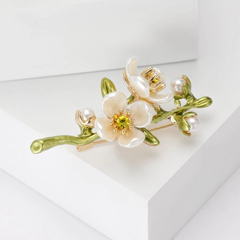 Broche de Rama de Flor de Ciruelo Estilo Coreano para Mujer Aleación Esmalte Flor Planta Alfiler Con Perla Artificial Strass Joyería
