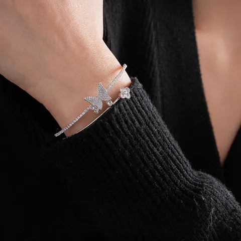 Zirkon Schmetterling Blume Offener Armreif Armband Kupfer Doppelreihig Luxus Mode Schmuck Für Frauen