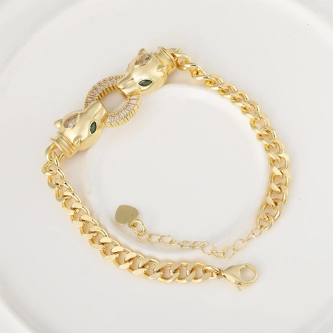 Trendy Copper Gold Plated Leopard Panther Head Rhinestone Bracelet With Adjustable Heart Charm Extension Link Chain For Women Jewelry