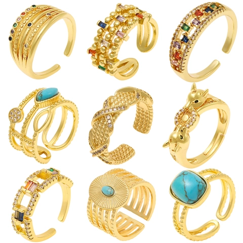 Adjustable Women Ring 18K Gold Plated Copper Micro Pave Zircon Rainbow Geometric Leopard Animal Bohemian Fashion Jewelry