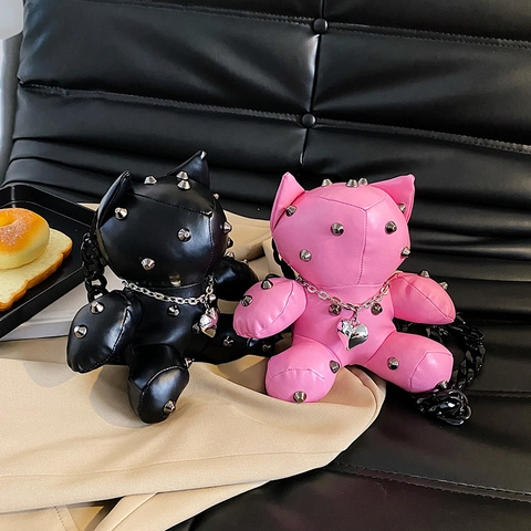 Punk Style Bear Doll Shape Crossbody Bag PU Leather With Metal Rivets And Chain Strap Heart Pendant For Women