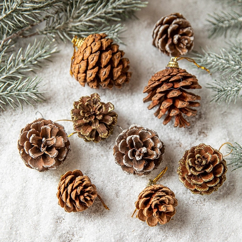 Christmas Pine Cone Ornaments Hanging Natural Wood Pinecones With Snow And Gold Glitter For Holiday Tree Decoration