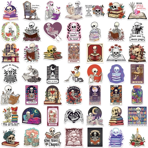 Gothic Skull Book Reading Stickers For Laptop Water Bottle Scrapbook Waterproof Vinyl Skeleton Stickers For Readers Dark Academia Aesthetic Stationery