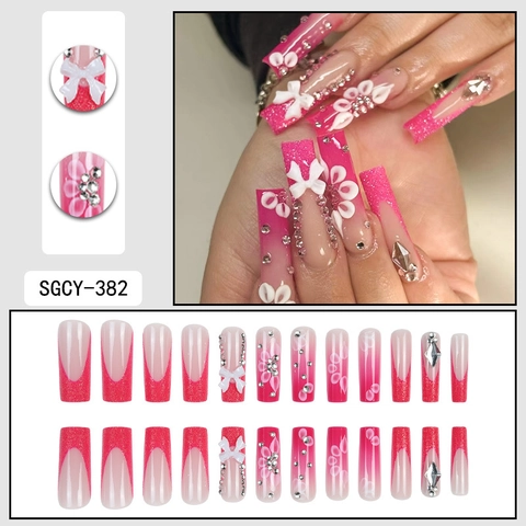 Press On Nails Lang Coffin Französisch Rosa Farbverlauf 3D Schleife Blume Straßstein Glitzer Künstliche Fingernägel Damen
