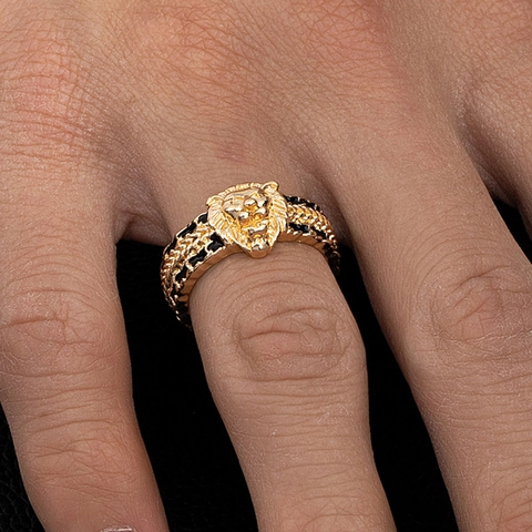 Vintage Lion Head Ring Gold Tone Alloy Black Enamel Hip Hop Punk Style Jewelry Accessory For Men