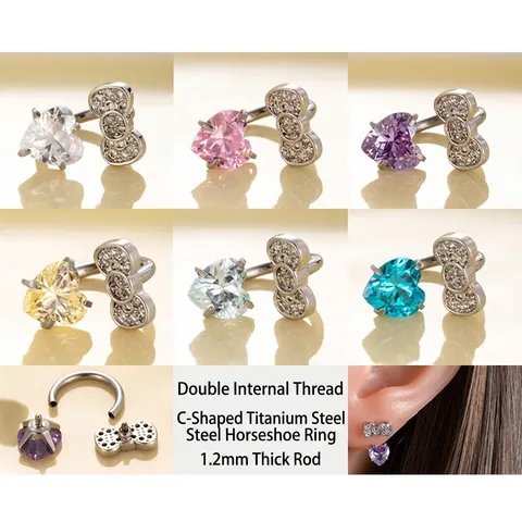 C-Shaped Heart Bowknot Piercing Barbell Titanium Steel Stud Earring With Cubic Zirconia Stainless Steel Post Aesthetic Jewelry